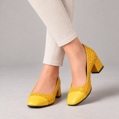 Leila Comfort Block Heel Pumps — Yellow | Emory & Blanc
