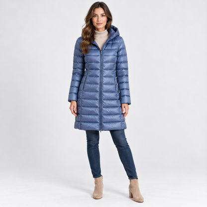 Leontine Soft Quilted Puffer Coat, Removable Hood — Haze Blue | Emory & Blanc