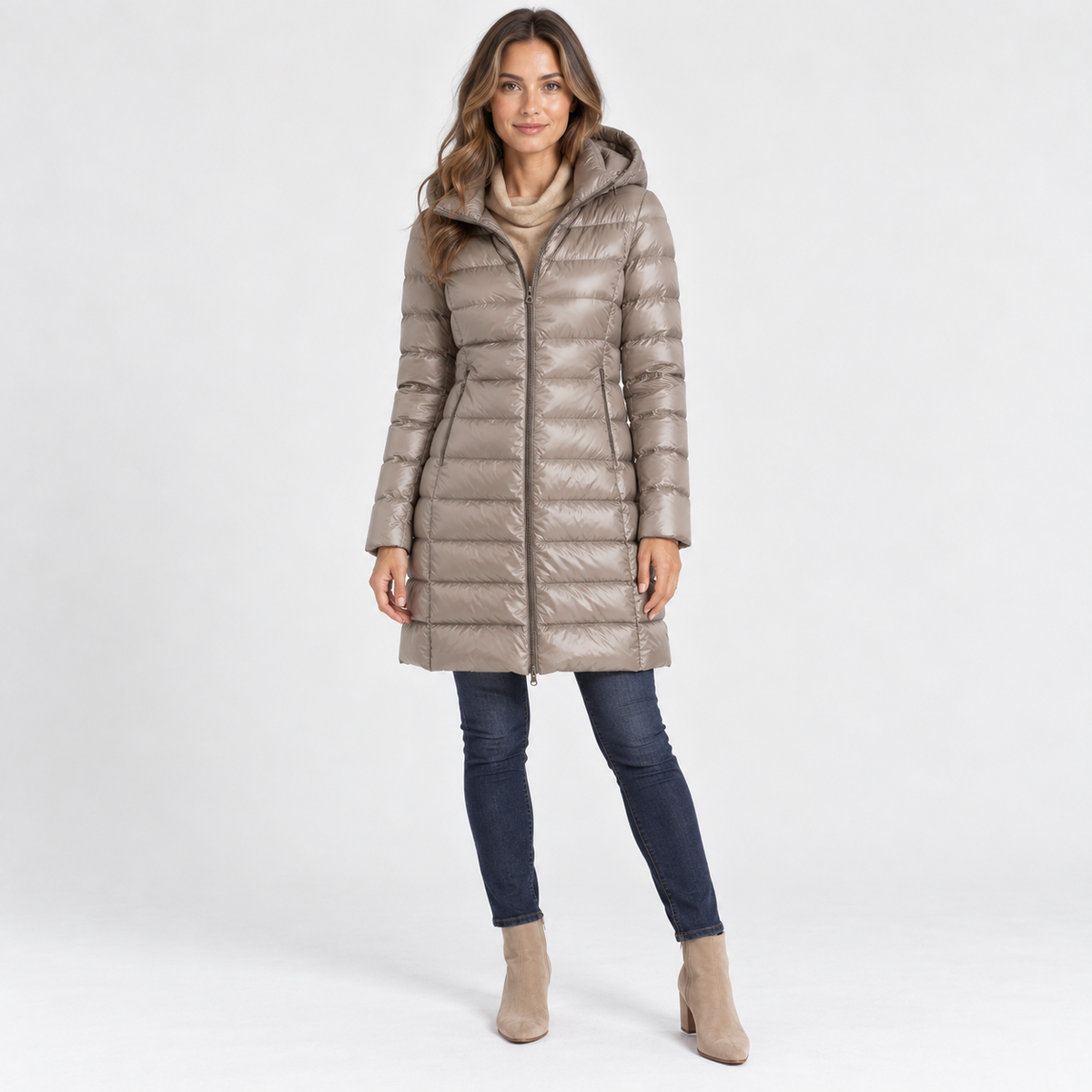 Leontine Soft Quilted Puffer Coat, Removable Hood — Khaki | Emory & Blanc