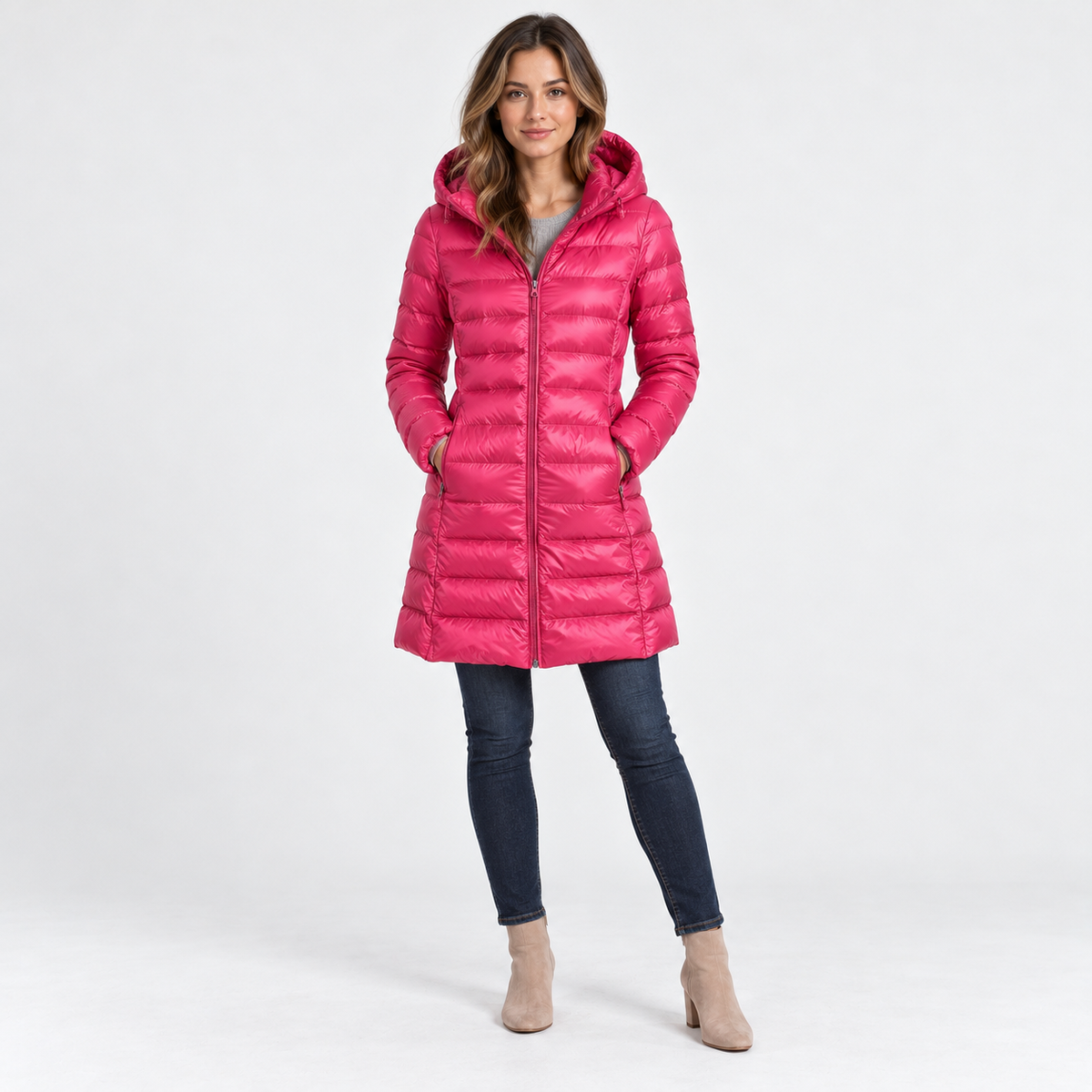 Leontine Soft Quilted Puffer Coat, Removable Hood — Rose Red | Emory & Blanc
