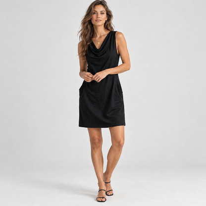 Liana Relaxed Fit Shift Dress, Cowl Neck — Black | Emory & Blanc
