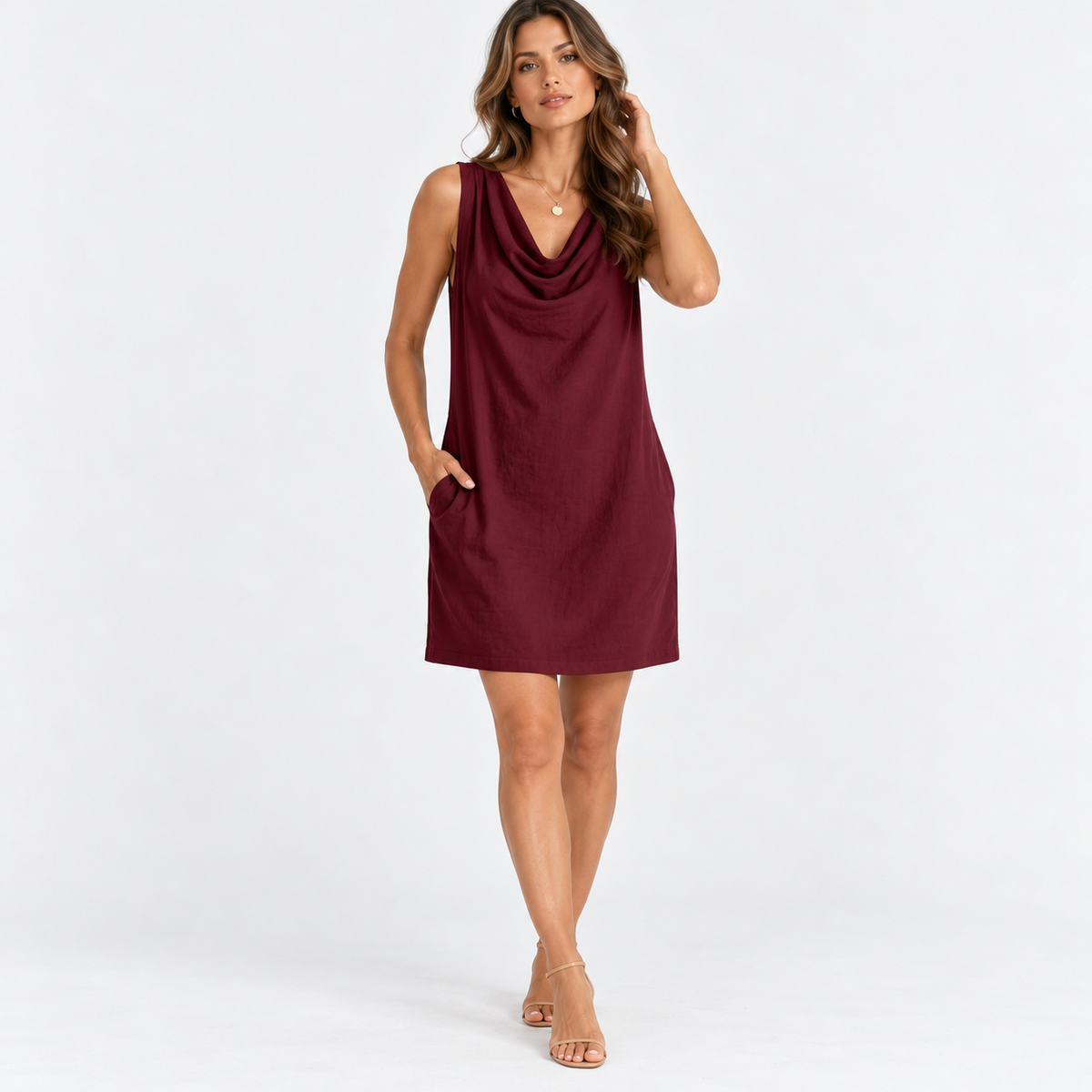 Liana Relaxed Fit Shift Dress, Cowl Neck — Burgundy | Emory & Blanc