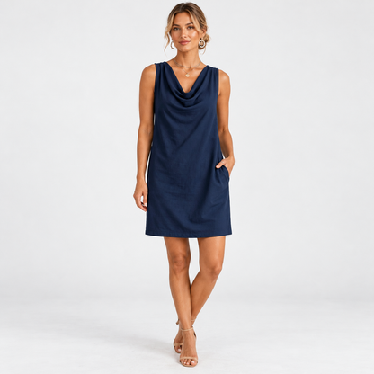 Liana Relaxed Fit Shift Dress, Cowl Neck — Navy | Emory & Blanc