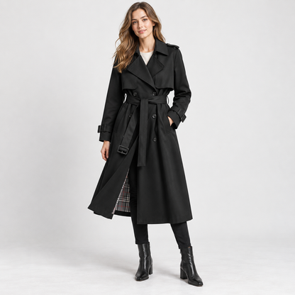 Liesel Tailored Belted Trench Coat — Black – Plaid Lining | Emory & Blanc