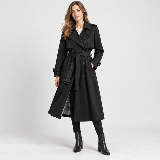Liesel Tailored Belted Trench Coat — Black – Plaid Lining | Emory & Blanc