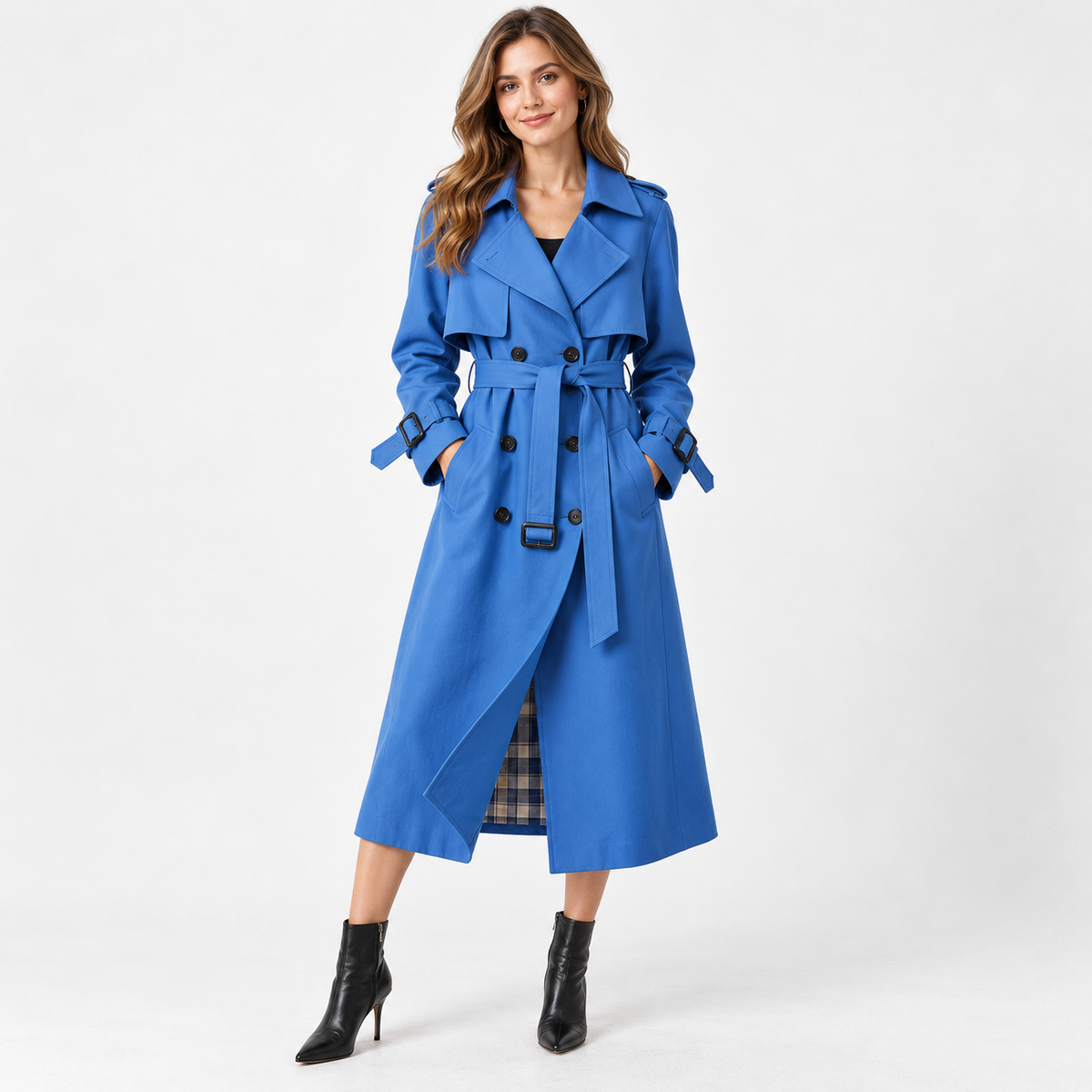 Liesel Tailored Belted Trench Coat — Blue – Plaid Lining | Emory & Blanc