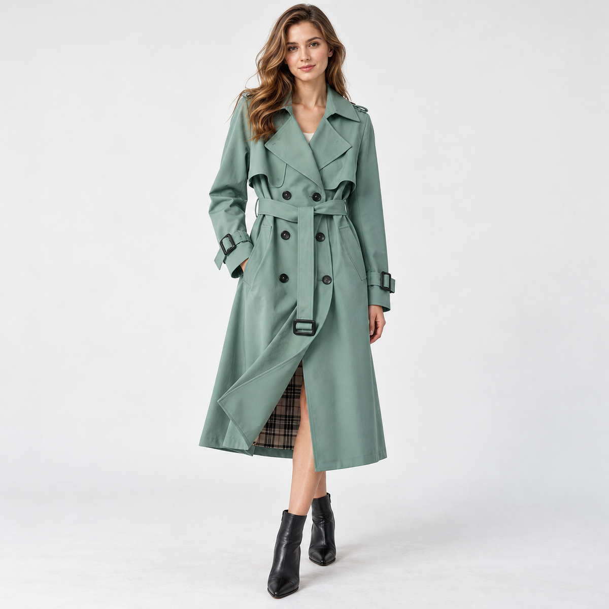 Liesel Tailored Belted Trench Coat — Green – Plaid Lining | Emory & Blanc