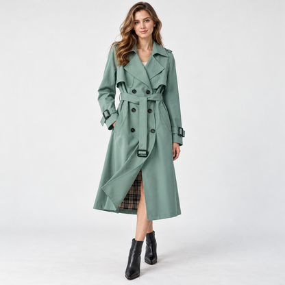 Liesel Tailored Belted Trench Coat — Green – Plaid Lining | Emory & Blanc