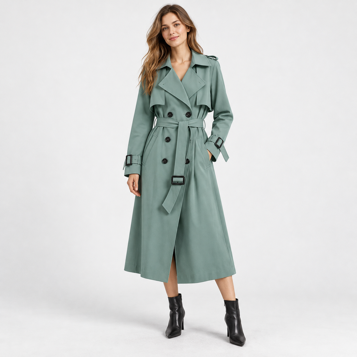 Liesel Tailored Belted Trench Coat — Green – Plain Lining | Emory & Blanc