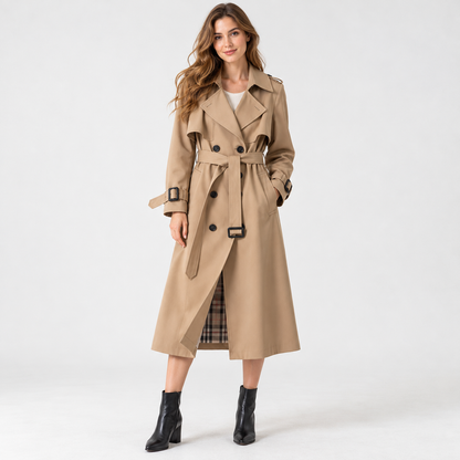 Liesel Tailored Belted Trench Coat — Khaki – Plaid Lining | Emory & Blanc