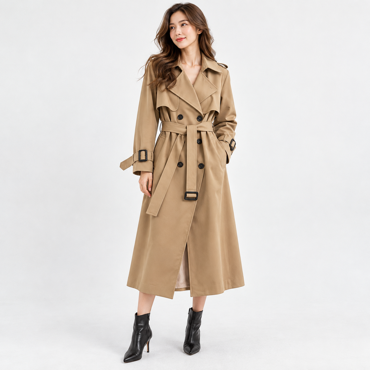 Liesel Tailored Belted Trench Coat — Khaki – Plain Lining | Emory & Blanc