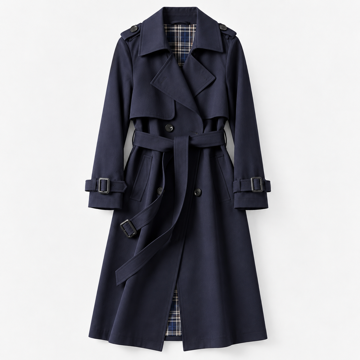 Liesel Tailored Belted Trench Coat — Navy – Plaid Lining | Emory & Blanc