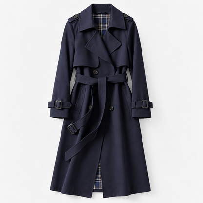 Liesel Tailored Belted Trench Coat — Navy – Plaid Lining | Emory & Blanc