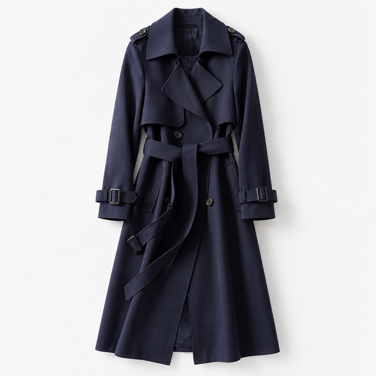 Liesel Tailored Belted Trench Coat — Navy – Plain Lining | Emory & Blanc