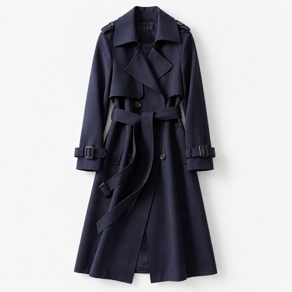 Liesel Tailored Belted Trench Coat — Navy – Plain Lining | Emory & Blanc