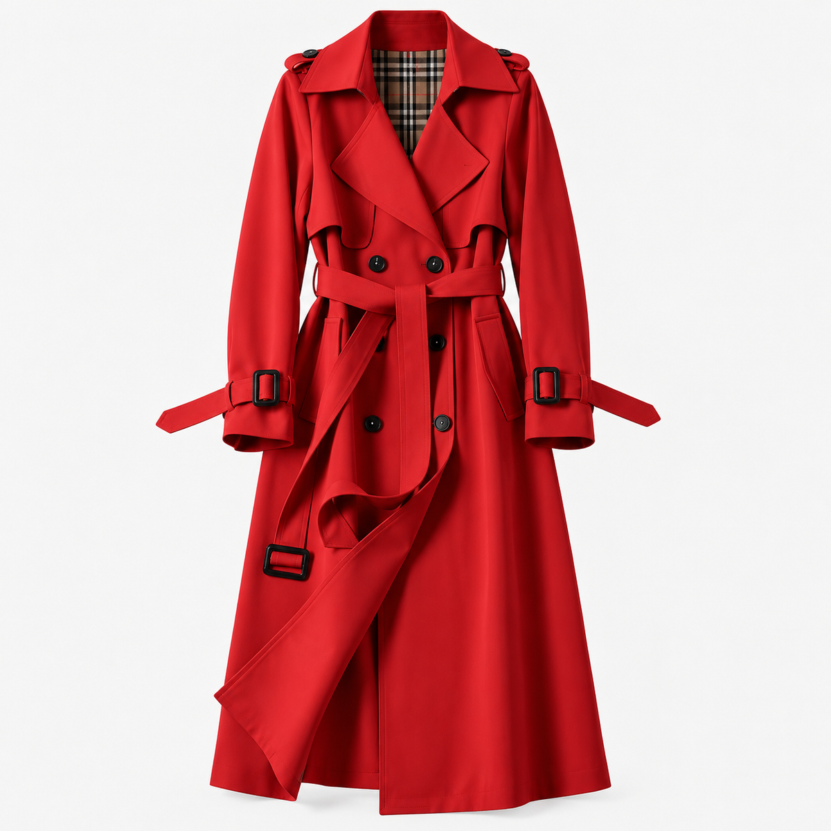 Liesel Tailored Belted Trench Coat — Red – Plaid Lining | Emory & Blanc