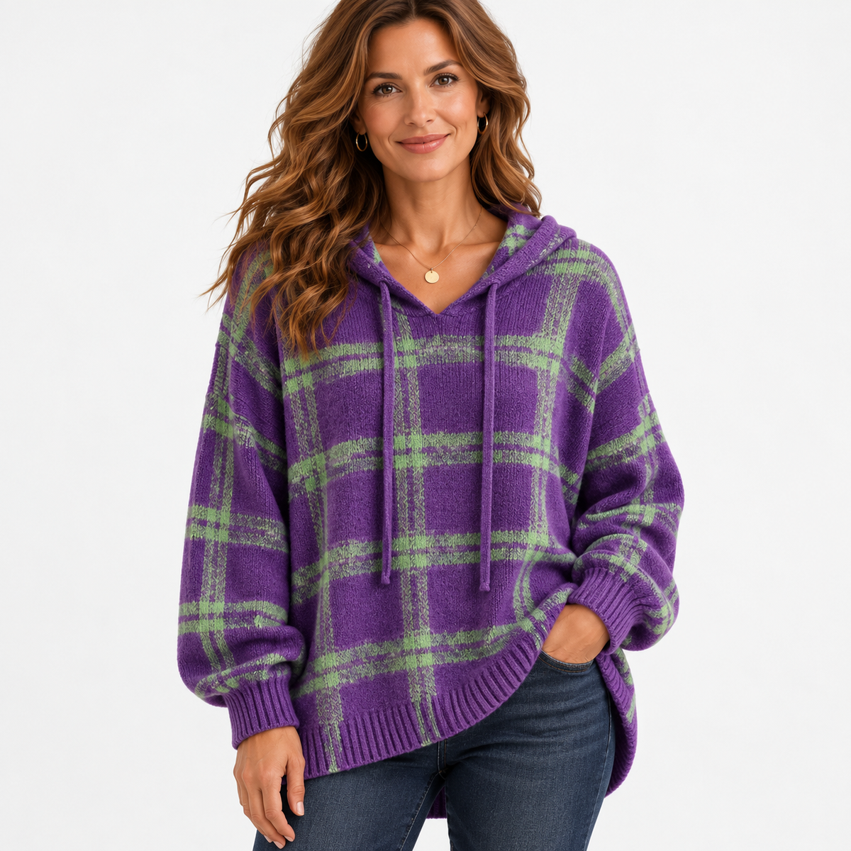 Linley Relaxed Fit Hooded Plaid Pullover — Purple Plaid | Emory & Blanc