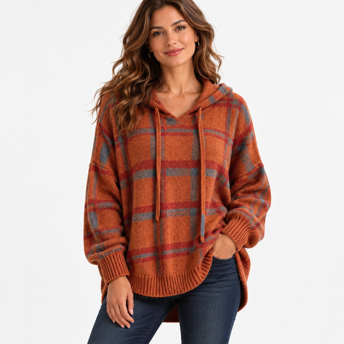 Linley Relaxed Fit Hooded Plaid Pullover — Rust Plaid | Emory & Blanc