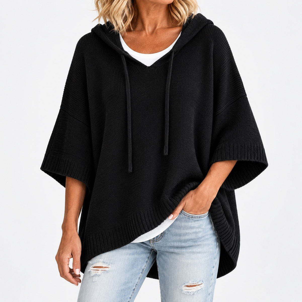Lisbeth Relaxed Fit Poncho Sweater, Open Hood — Black | Emory & Blanc
