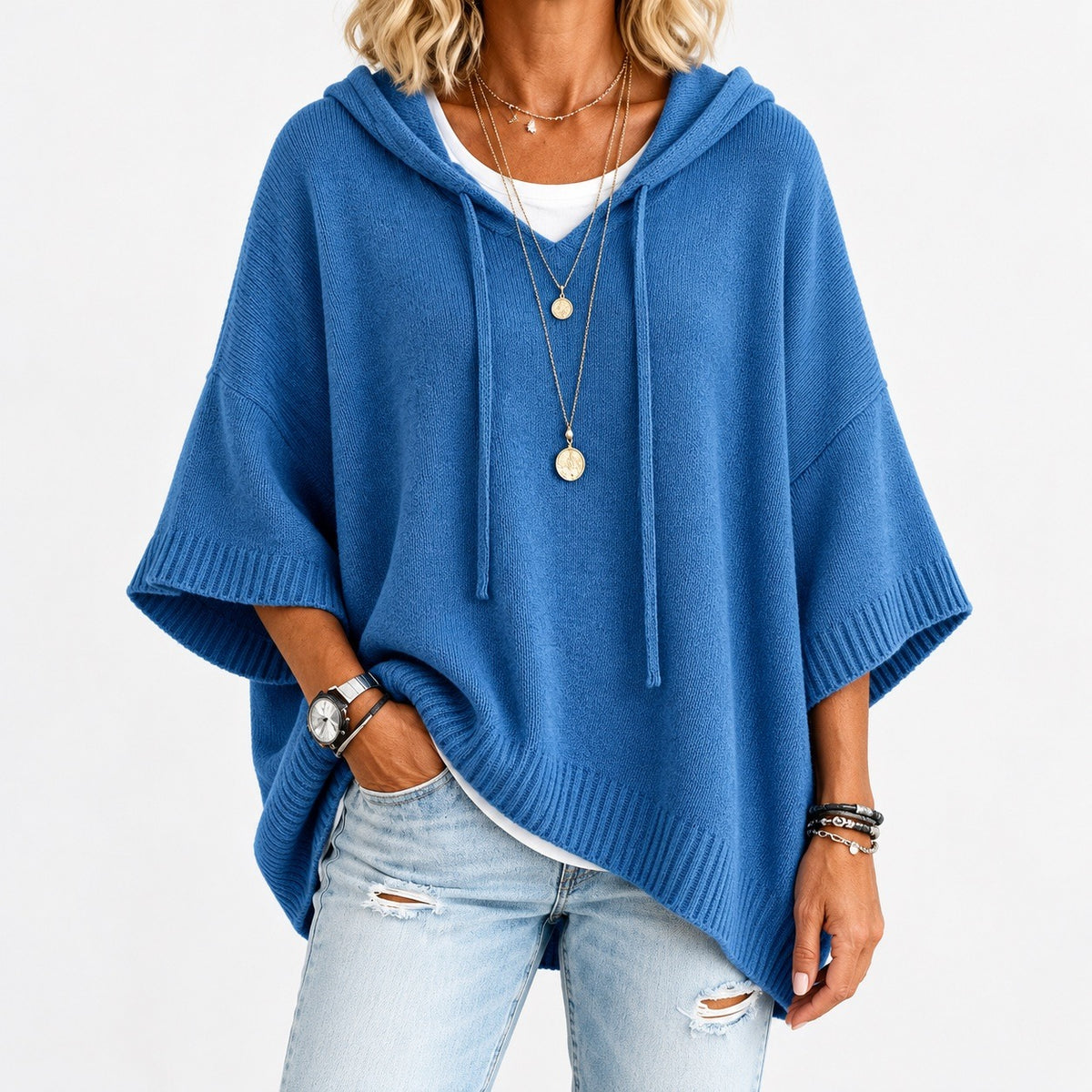 Lisbeth Relaxed Fit Poncho Sweater, Open Hood — Blue | Emory & Blanc
