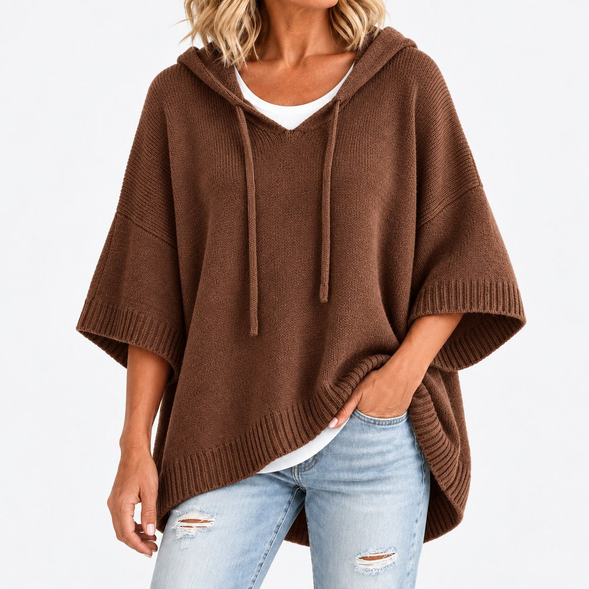 Lisbeth Relaxed Fit Poncho Sweater, Open Hood — Brown | Emory & Blanc