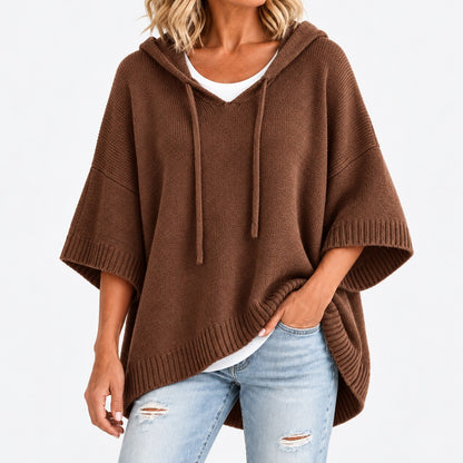 Lisbeth Relaxed Fit Poncho Sweater, Open Hood — Brown | Emory & Blanc