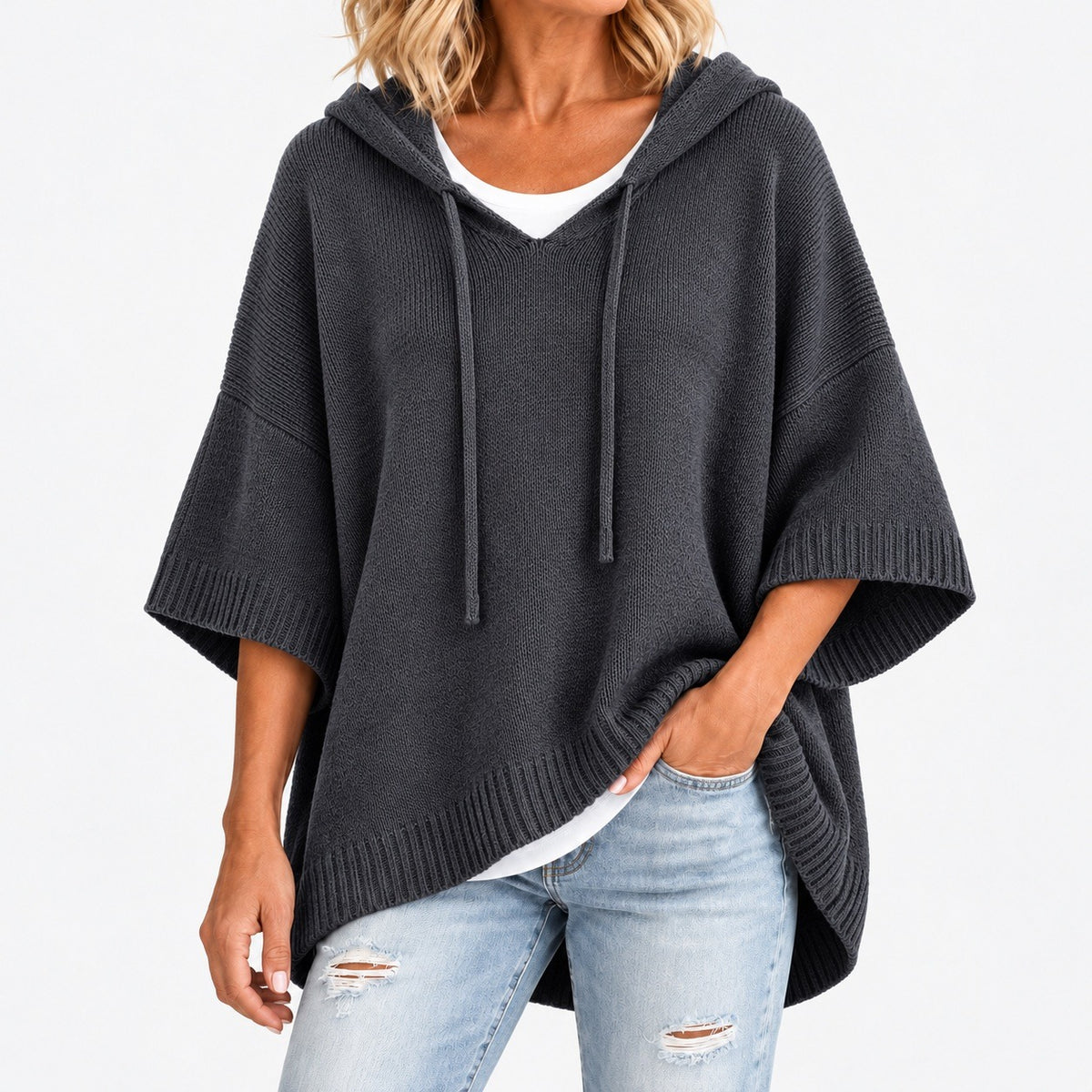 Lisbeth Relaxed Fit Poncho Sweater, Open Hood — Gray | Emory & Blanc