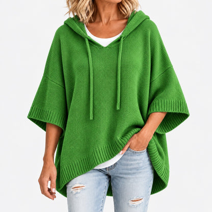Lisbeth Relaxed Fit Poncho Sweater, Open Hood — Green | Emory & Blanc