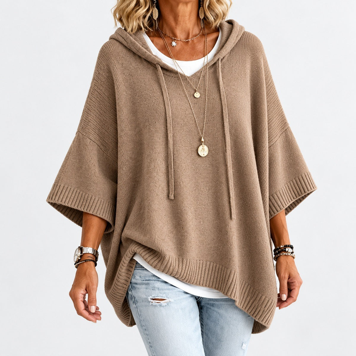 Lisbeth Relaxed Fit Poncho Sweater, Open Hood — Khaki | Emory & Blanc