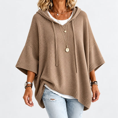 Lisbeth Relaxed Fit Poncho Sweater, Open Hood — Khaki | Emory & Blanc