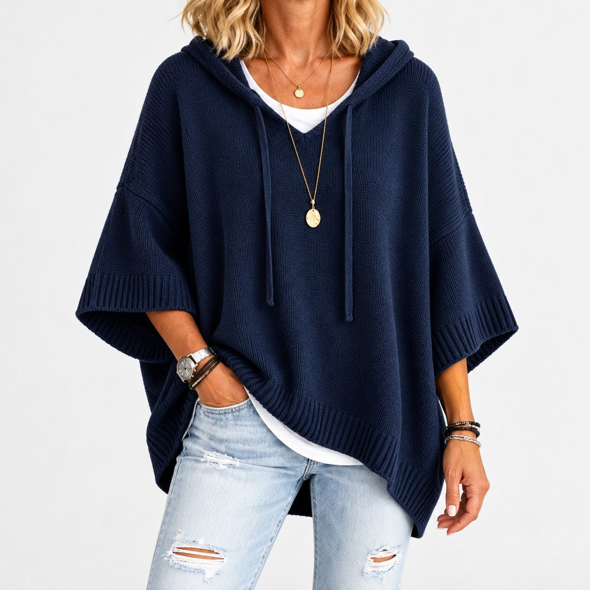 Lisbeth Relaxed Fit Poncho Sweater, Open Hood — Navy | Emory & Blanc