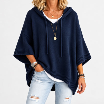 Lisbeth Relaxed Fit Poncho Sweater, Open Hood — Navy | Emory & Blanc