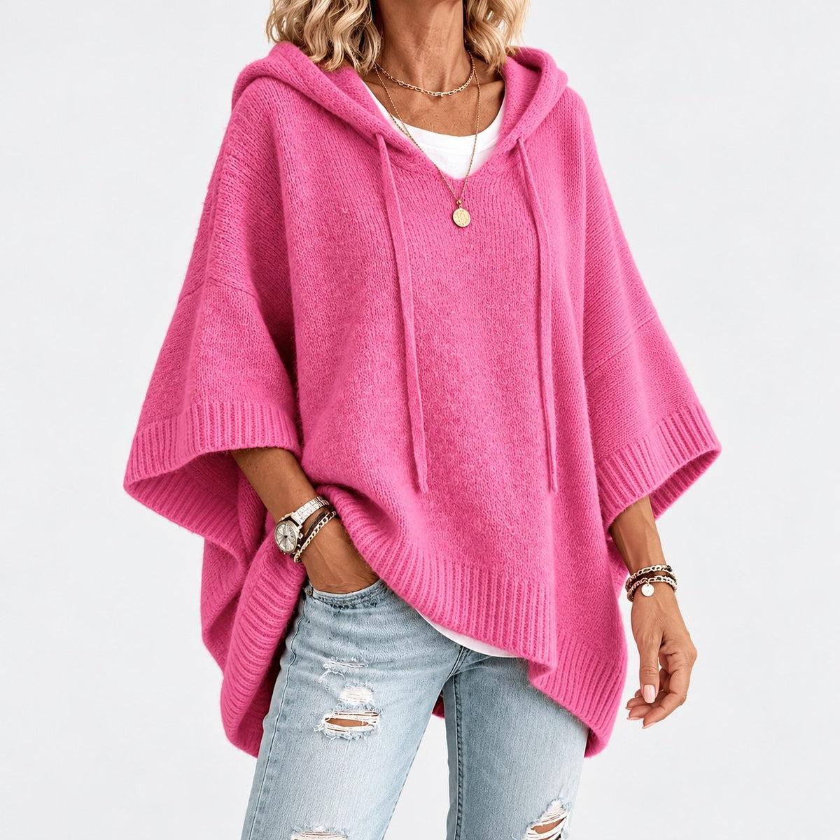 Lisbeth Relaxed Fit Poncho Sweater, Open Hood — Pink / Red | Emory & Blanc