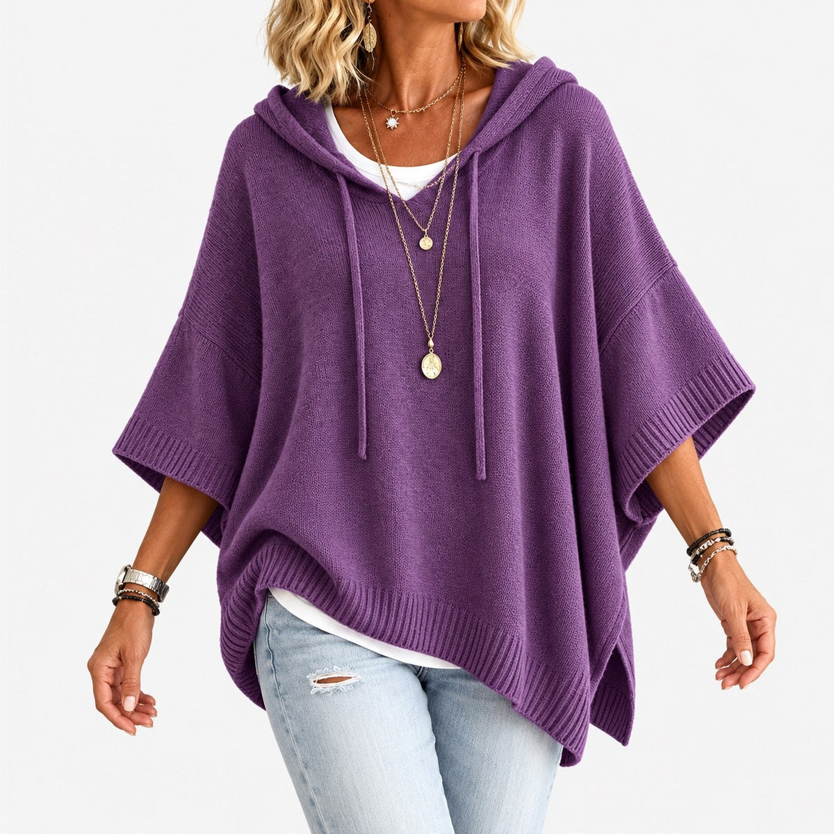 Lisbeth Relaxed Fit Poncho Sweater, Open Hood — Purple | Emory & Blanc