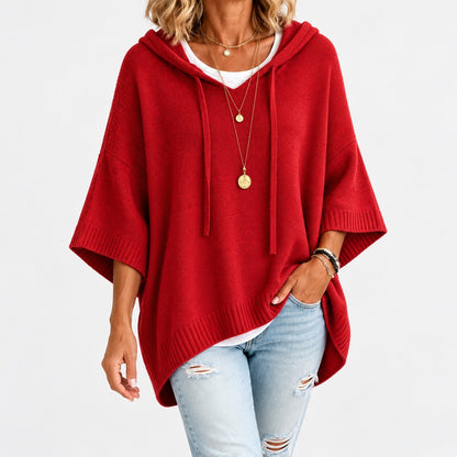 Lisbeth Relaxed Fit Poncho Sweater, Open Hood — Red | Emory & Blanc