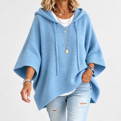 Lisbeth Relaxed Fit Poncho Sweater, Open Hood — Sky Blue | Emory & Blanc