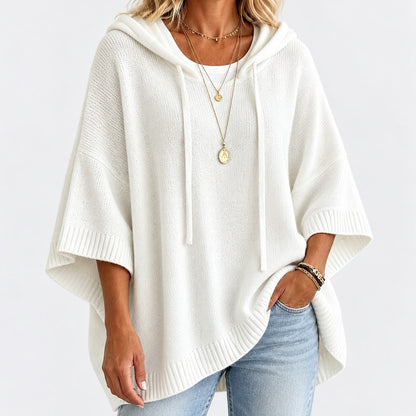 Lisbeth Relaxed Fit Poncho Sweater, Open Hood — White | Emory & Blanc