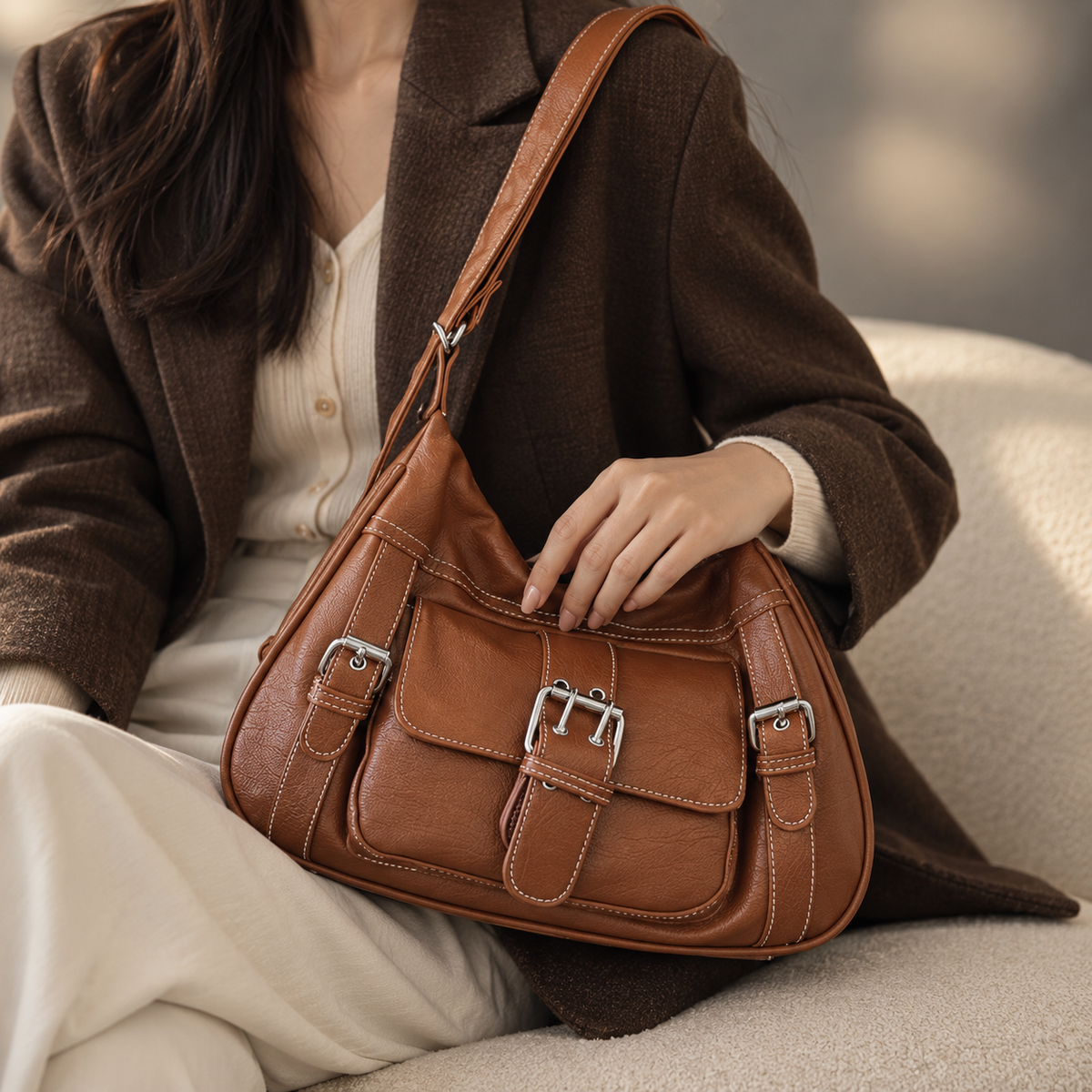 Livia Women's Lightweight Vegan Leather Bag, Buckle Front | Emory & Blanc