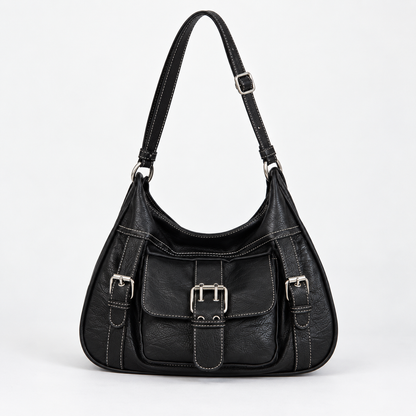 Livia Women's Lightweight Vegan Leather Bag, Buckle Front — Black | Emory & Blanc