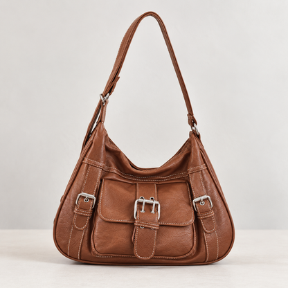 Livia Women's Lightweight Vegan Leather Bag, Buckle Front — Light Brown | Emory & Blanc