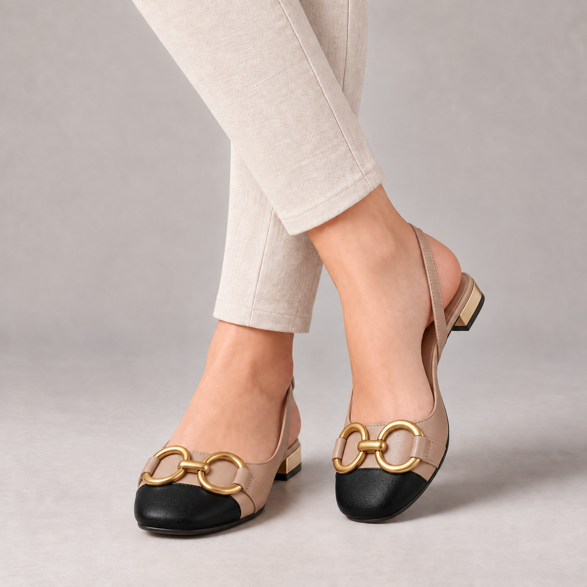 Lorelle Comfort Low-Heel Slingback Flats — Beige & Black | Emory & Blanc