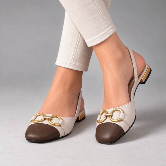 Lorelle Comfort Low-Heel Slingback Flats — Cream & Brown | Emory & Blanc