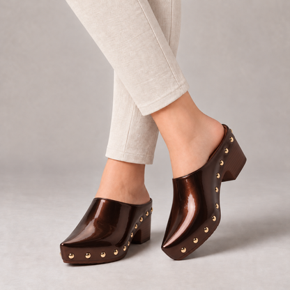 Lorette Easy Slip-On Studded Clog Mules — Chestnut | Emory & Blanc