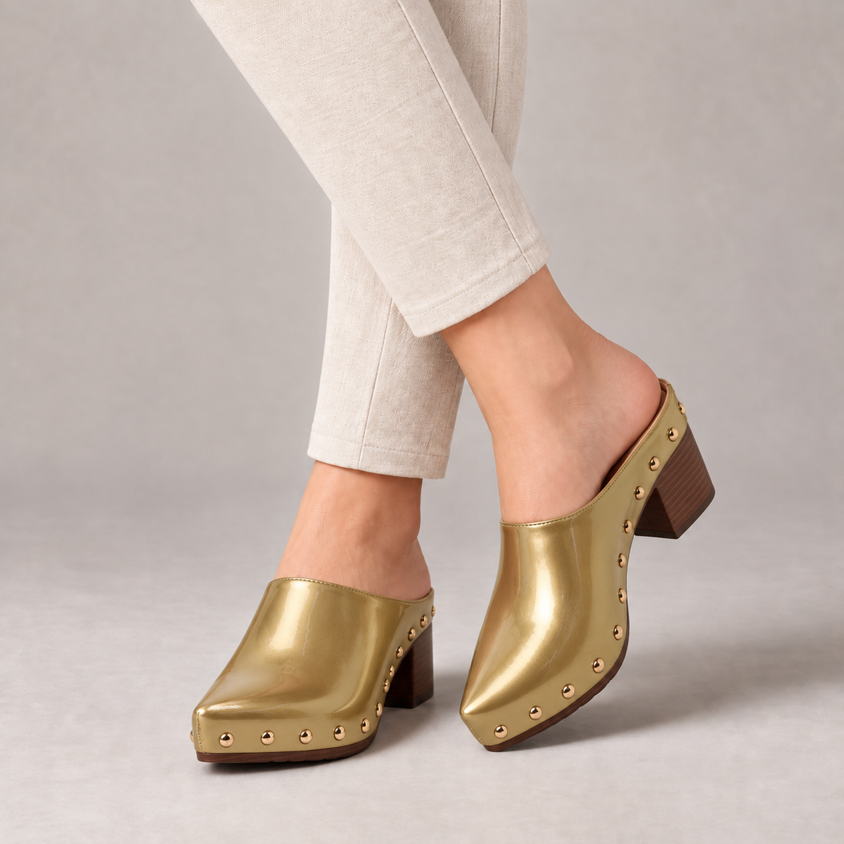 Lorette Easy Slip-On Studded Clog Mules — Dark Khaki | Emory & Blanc