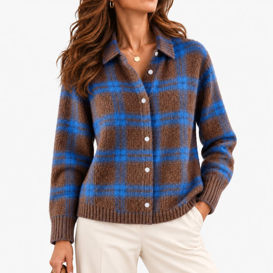 Lucina Relaxed Fit Button-Front Cardigan — Blue & Cocoa Plaid | Emory & Blanc
