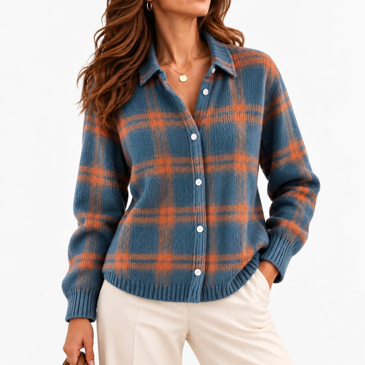 Lucina Relaxed Fit Button-Front Cardigan — Slate Rust Plaid | Emory & Blanc