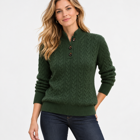 Maeve Soft Cable-Knit Stand Collar Sweater — Olive | Emory & Blanc