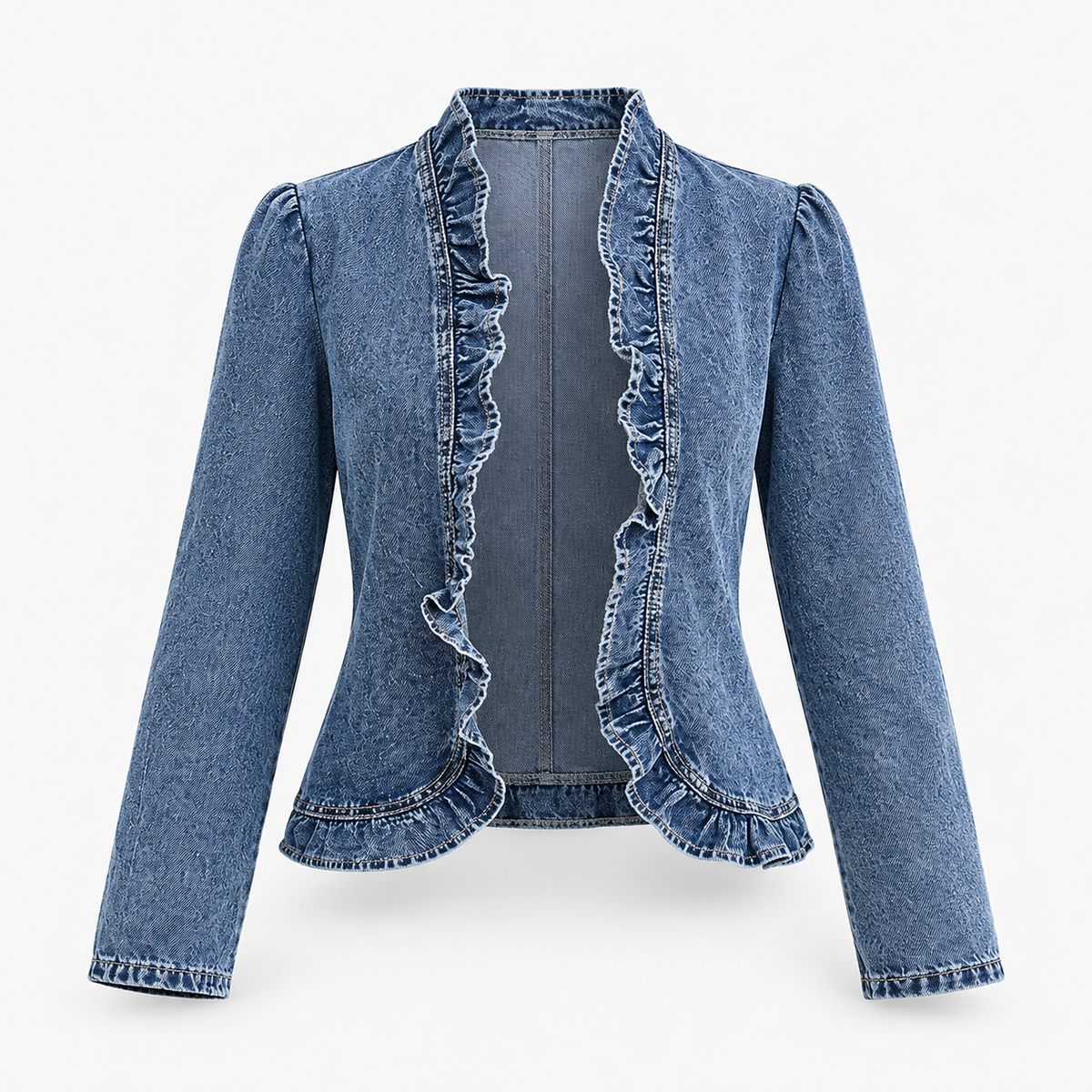 Mallory Fitted Ruffle Trim Jacket, Open Front | Emory & Blanc