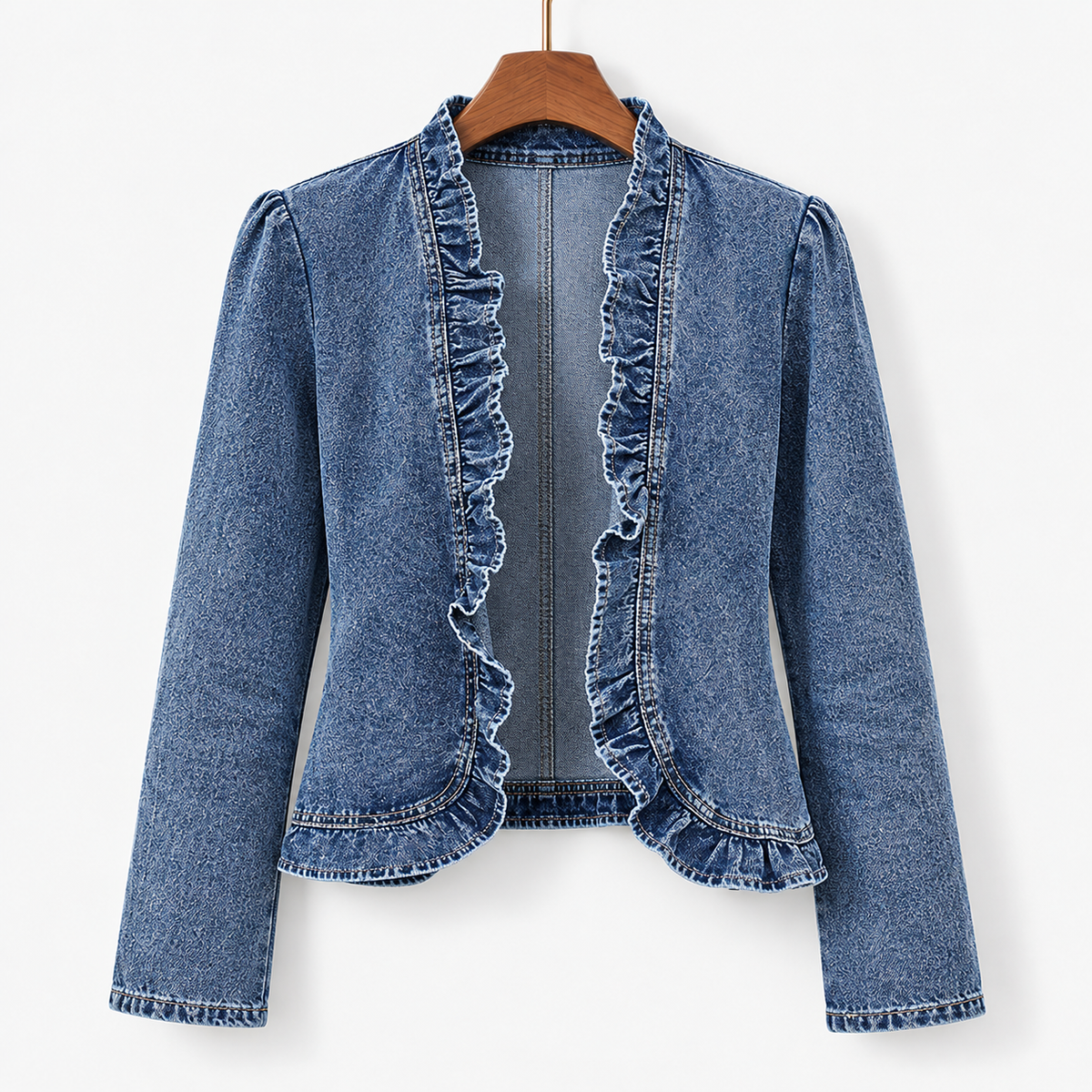Mallory Fitted Ruffle Trim Jacket, Open Front | Emory & Blanc