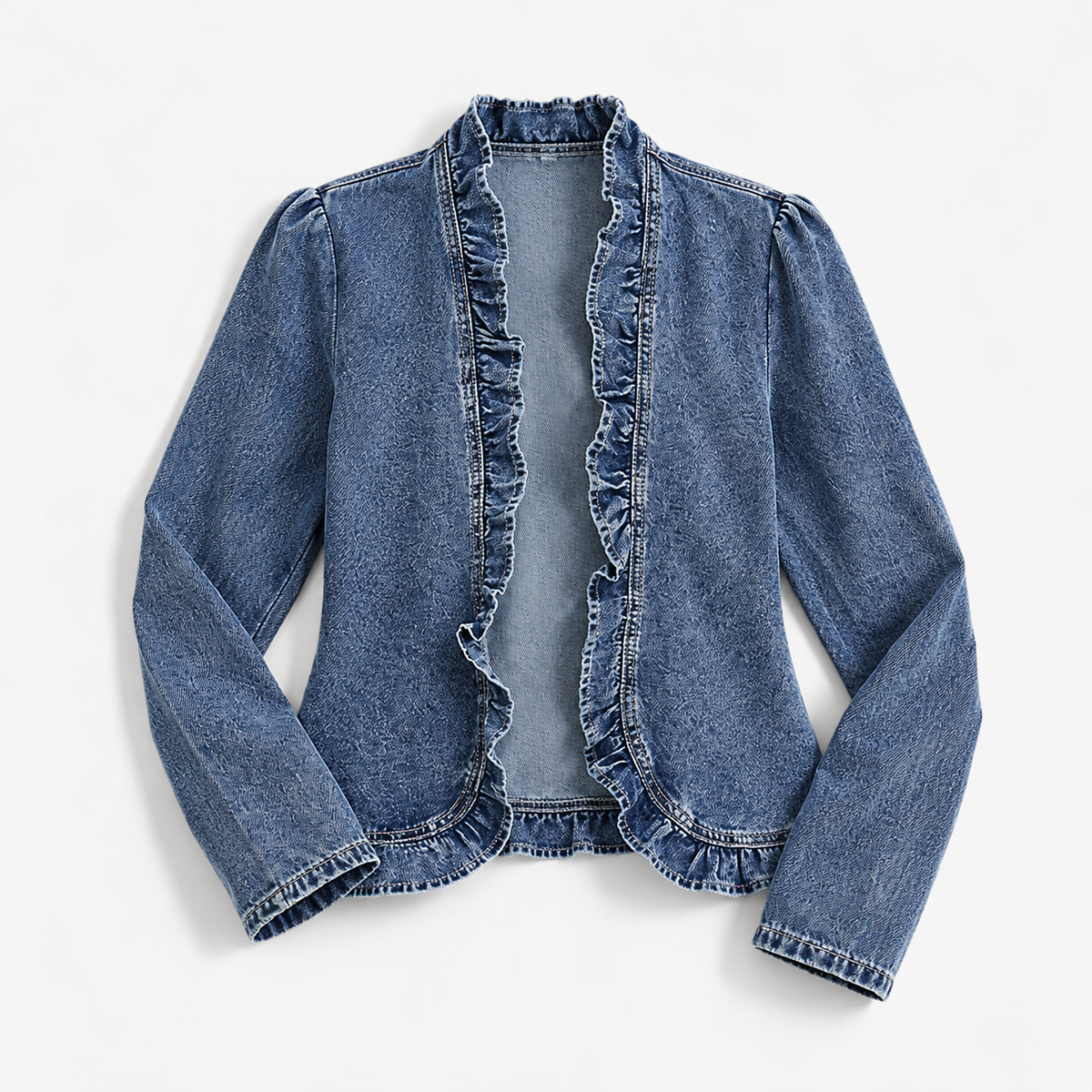 Mallory Fitted Ruffle Trim Jacket, Open Front | Emory & Blanc